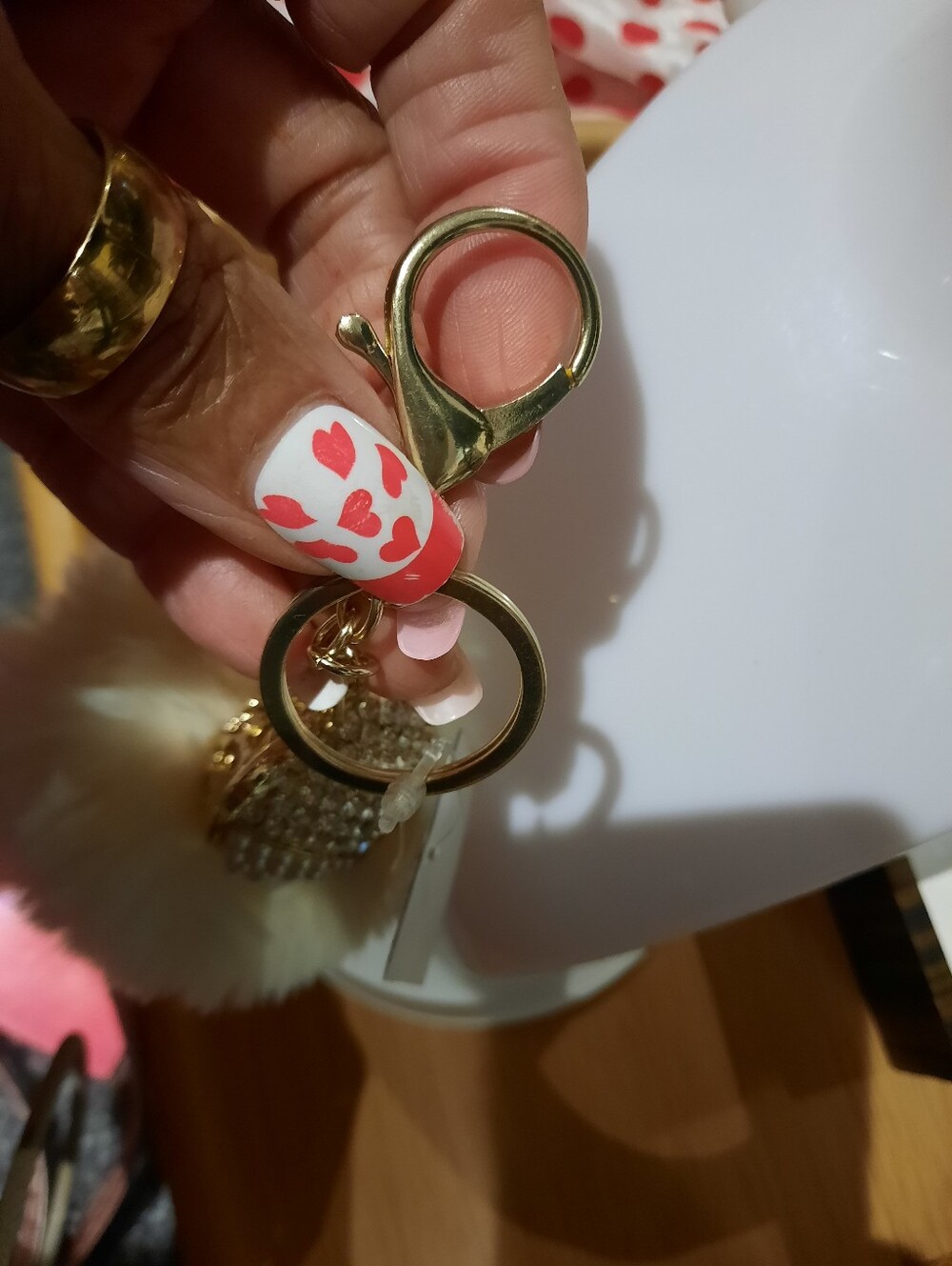 NWT SEXY GOLD BLINGEDOUT PEARLS CRYSTALS FOX KEYFOB KEYCHAIN WHITE FLUFFY POMPOM - Picture 7 of 11